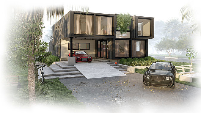 Render 3D de casa contenedor modular